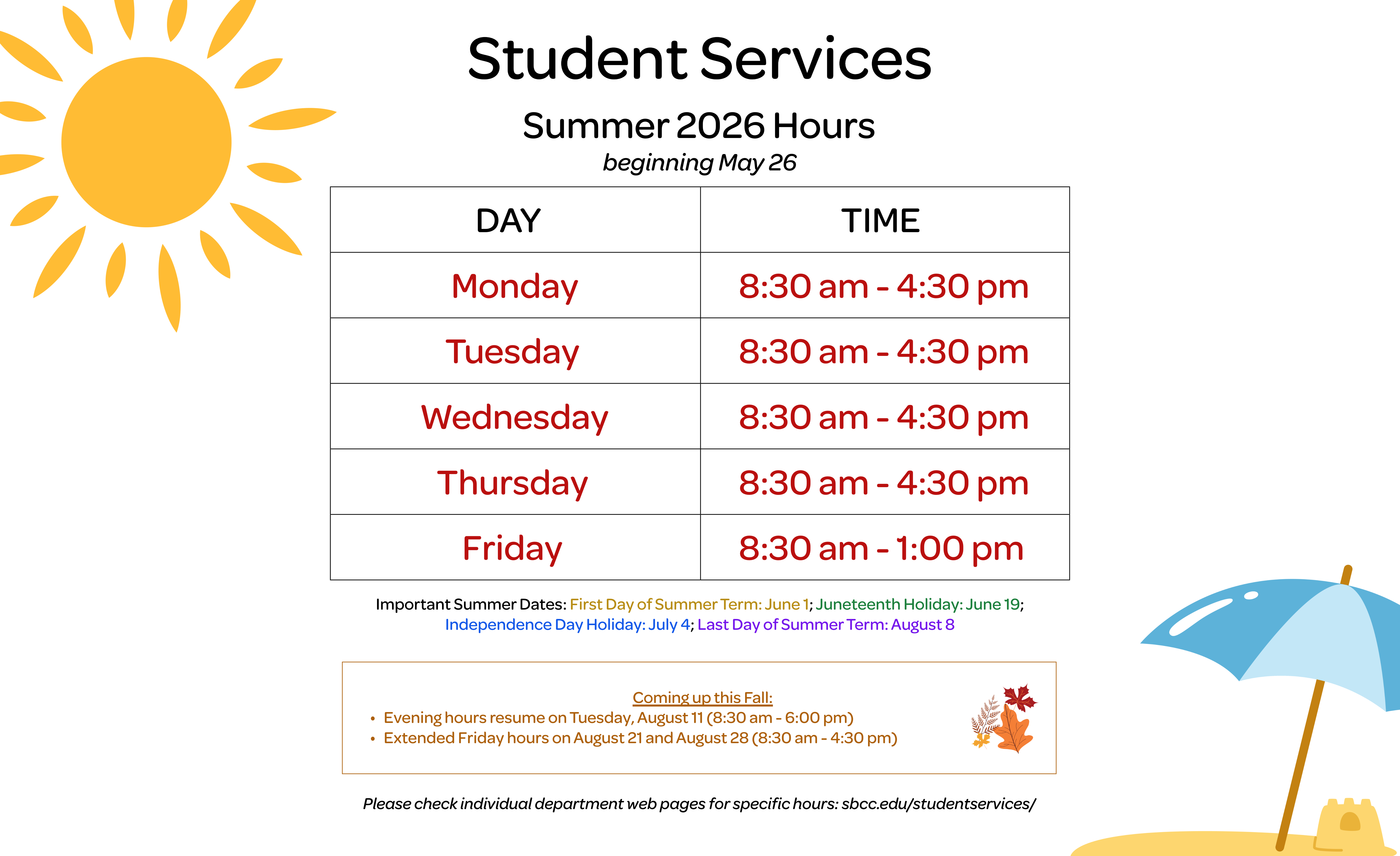 Summer 2026 Student Services Hours - Click to view PDF